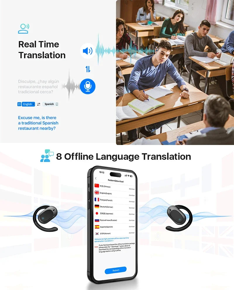 3-in-1 Translator Earbuds – Real-Time Translation in 144 Languages & Accents for Travel and Business